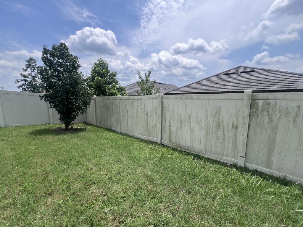 Vinyl fence covered in green mildew before cleaning